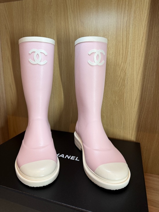 CHANEL Shoes - CHANEL Pale Pink and White Rubber Knee-High Rain Boots